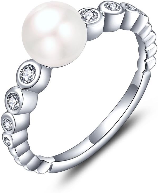 JO WISDOM Silver Ring,925 Sterling Silver Pearl Ring with Semi Round 7mm Freshwater Pearl AAA Cubic Zirconia for Women