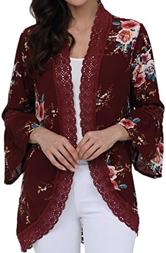 Boho Long Sleeve Cardigan For Ladies Crochet Kimono Top Shirt Summer Medium, Red Boho Cardigans for Women