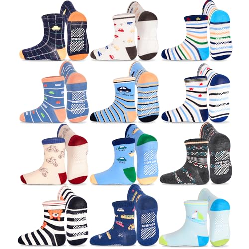 GRPSKCOS Toddler Non Slip Socks- 12 Pairs Anti Skid Toddler Socks Cute Crew Grips Socks for 0-7 Years Boys Girls Children