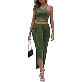 HUUSA Women's Sexy 2 Piece Skirt Sets Elegant Bodycon Maxi Dress Sleeveless Tank Shirt Tops High Waist Ruched Slit Long Dress