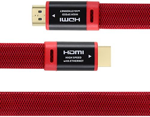 YASON Series - Flat HDMI Cable with Ethernet (6 FT/1.8M) - Supports 3D &amp; Audio Return Channel [Latest Version] , aluminum casing, Red braid , Cable Tie