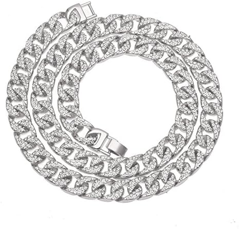 Fashionever Mens Necklace Chain Hip hop Iced Out Curb Cuban Silver Gold Plated w/Full Clear Rhinestones Necklace 30 inch