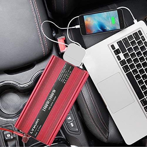 Yinleader Power Inverter 1500W/3000W(Peak) DC 12V to 110V AC with Dual AC Outlets and Dual 3.1A USB Ports for RV Caravan Truck Laptop iPad iPhone(Cables+ Replaceable Fuses)(Red)