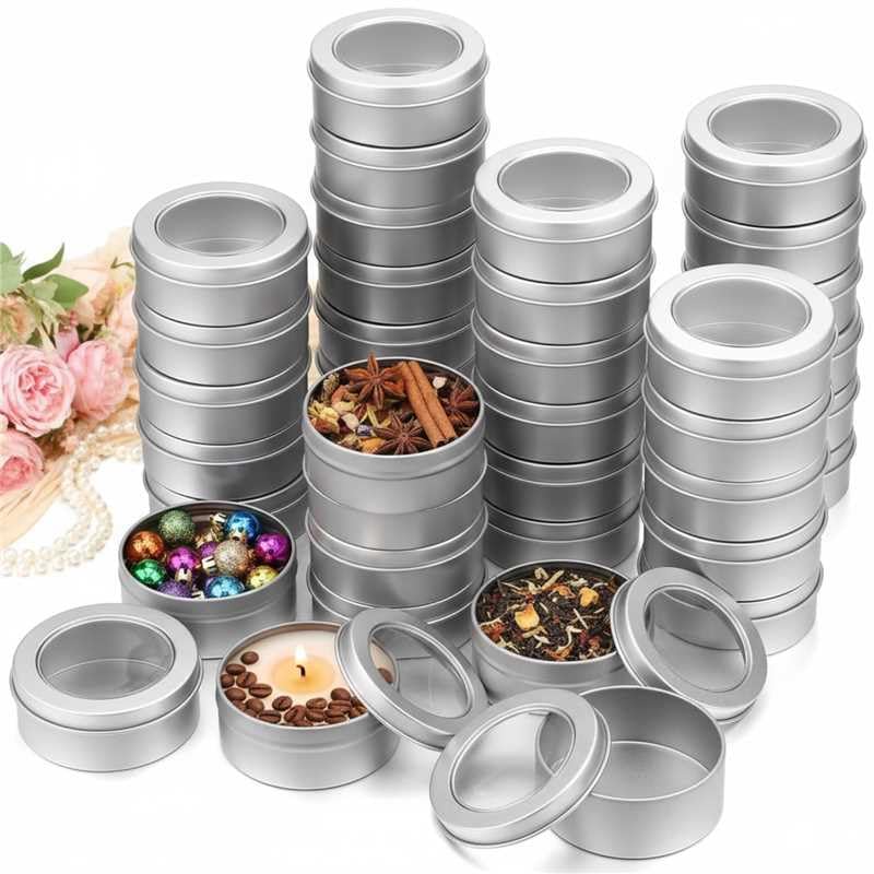 2 Ounce Metal Tin Cans Round Empty Container Cans with Clear Top for Kitchen, Office, Candles, Candies (40)