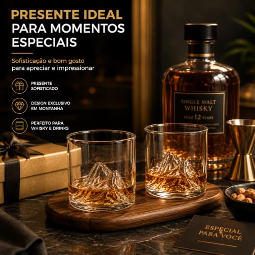 Kit 2 Copos Whisky Design Montanha Everest 300ml Cristal Transparente Premium Vidro Reforçado Drinks Luxo