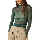 Sheer Mesh Long Sleeve Layering Top for Women Mock Neck Floral Lace Tshirt See Through Tee Shirt Blouse