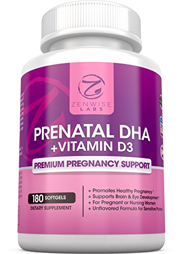 Prenatal DHA Vitamins – With Omega 3 & Vitamin D3 + EPA – Natural Brain & Eye Health Supplements With Fish Oil – Pre & Post Pregnancy Support - 180 Burpless Softgels