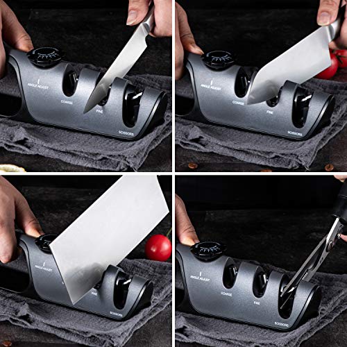 Knife Sharpener Professional, Adjustable Angle Manual Kitchen Knife Sharpener, 3 Stage Sharpener