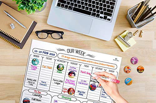 HomeN'Stars Weekly Whiteboard Calendar Magnetic Dry Erase Weekly Planner Message Board for Fridge Bonus 10 Magnetic Icons and 2 Markers 16"X12" White