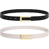 SANSTHS 2 Pack Skinny Leather Belts for Women, Ladies Thin Waist Belt for Dresses Jeans Pants with Gold Buckle