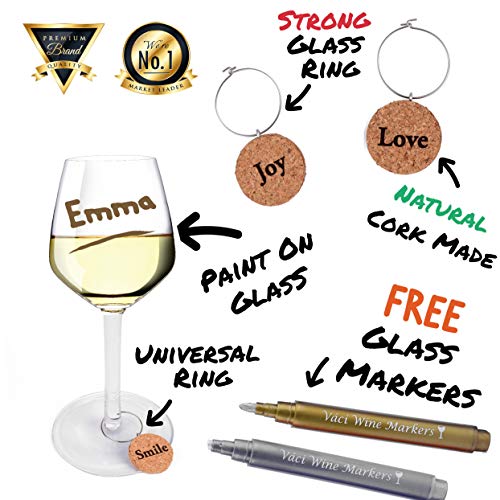 Wine Charms by Vaci Set of 10 Inspirational Charms + 2 Wine Glass Markers, Authentic Wine CorksÂ Material Drink Markers for Parties, Holidays Wine Gift Set