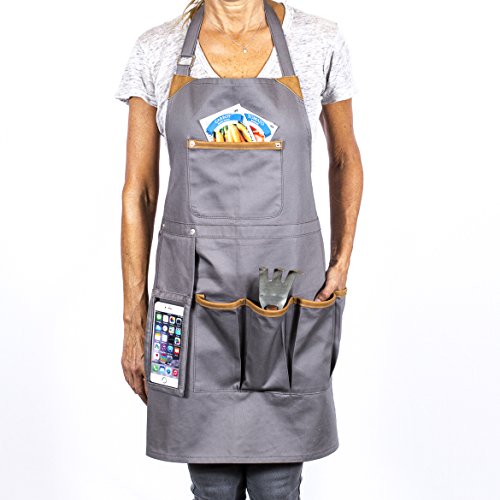 G.U.S Professional 5-Pocket Bib Tech Apron with Clear Phone Pocket & Adjustable Neck Strap. Gray, Cotton with Faux Leather Trim