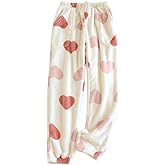 codcm Womens Fuzzy Pajama Pants Cute Heart Sleep Lounge Bottoms Comfy Soft Long Pj Pants with Pockets