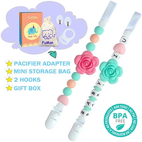 Baby Silicone Pacifier Clip and Teether Holder - Girl's Binky Holder - Best for Teether Toys, Stuffed Animals, Soothie/MAM, Infant Blankets &amp; Drool Bibs, Set of 2 Chewable Pacifier Straps with Roses C