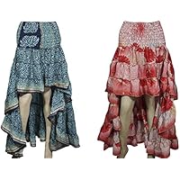 Mogul Interior Sofia Womens Hi Low Red,Blue Skirt Silky Bellydance Full Flare Summer Dress Lot of 2
