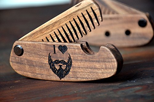Beard Comb for Men - Pocket Folding Combs for Mustache & Hair. Travel, Natural Wooden Comb with Skull Engraving - Perfect for Use w/Beard Balm, Oil