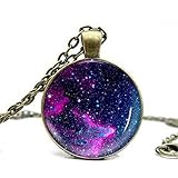 Galaxy Space Moon Nebula Glass Cabochon Necklace Women Trendy Pendant Necklace Bronze Long Chain Jewelry Necklace for Mom