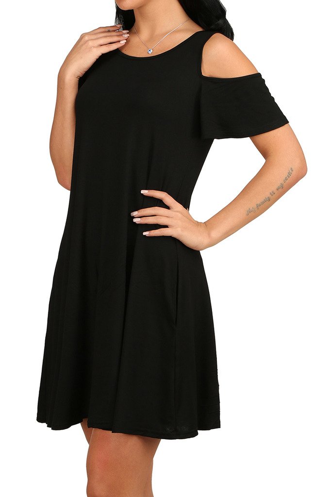 Women\'s Basic Tunic Tops Cutout Shoulder Flared Hem Dress with Pockets Black L