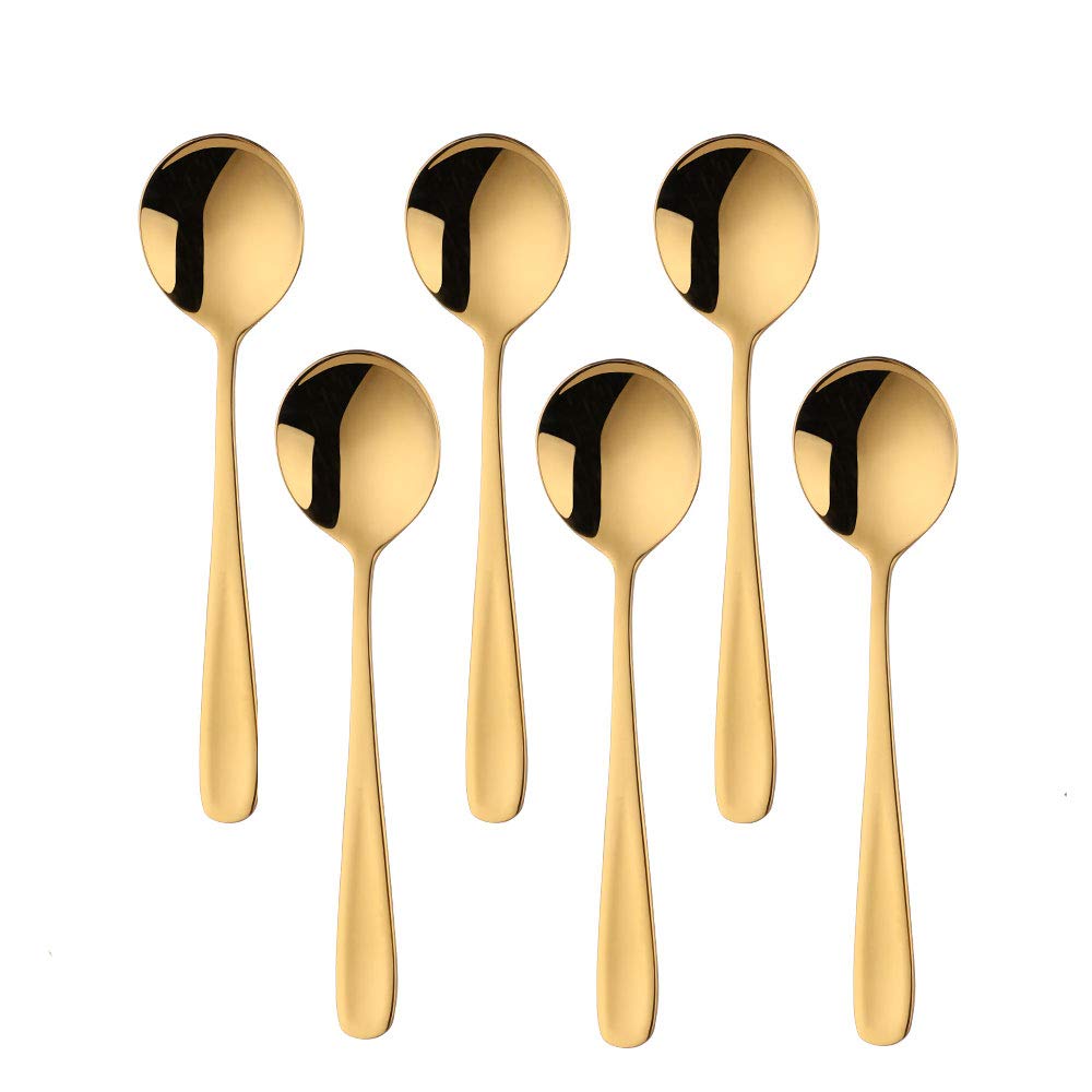 BISDARUN Round Soup Spoons Set of 6 Gold Dinner Spoons 18/10 Stainless Steel Table Spoons 17.5 cm Length, 4.5 cm Width