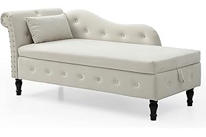 Homtique 60" Velvet Storage Chaise Lounge Indoor Button Tufted with Pillow, Nailhead Decorate Rolled Arm Chaise Lounge for Bedroom Living Room (Beige, with Storage)