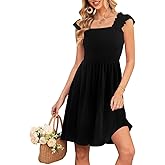 Naggoo Womens Summer Sundresses Sleeveless Square Neck Dress Ruffled Floral Smocked Dress A-line Boho Beach Dresses