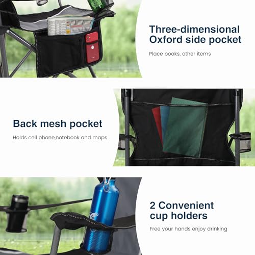 HIGH POINT SPORTS Folding Camping Chair, 160 kg, Portable Folding Camping Chair, Oversized Folding Chair, Outdoor and Indoor, Camping Chair, Fishing Chair, Black-Grey