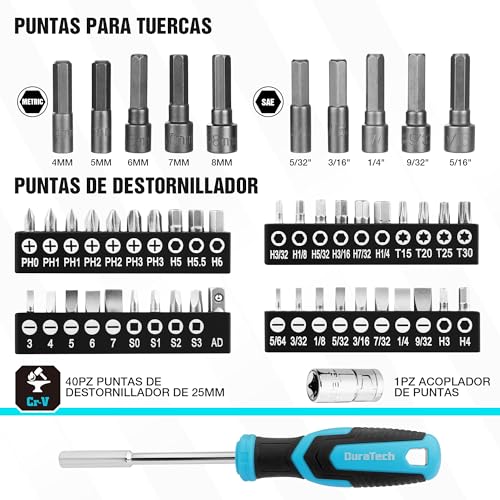 DURATECH 121 Piece Mechanics Tool Set, Socket Wrench Set, 1/4" and 3/8", 72 Tooth Ratchet Cr-V Steel, with Box, Includes Screwdriver and Bits