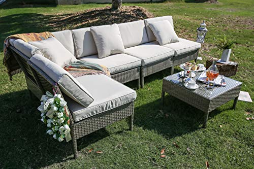 Lokatse Home 6 Pieces All Weather Rattan Patio Sectional Sofa Set Wicker Outdoor Furniture With 3 Pillows Coffee Table Blue Patio Lawn Garden Patio Furniture Accessories
