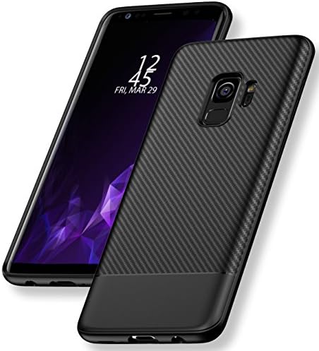 Samsung Galaxy S9 Plus Case Carbon Fiber with Raised Lip for Screen Protector, Ultra Slim/Thin Fit Cover, Full Body Medium Duty Protective Case from Drop, Anti Scratch, Made with TPU+PC Hybrid, Black