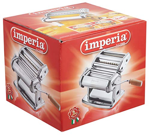 Imperia Pasta Maker Machine - Heavy Duty Steel Construction w Easy Lock Dial and Wood Grip Handle- Model 150 Made in Italy (Renewed)