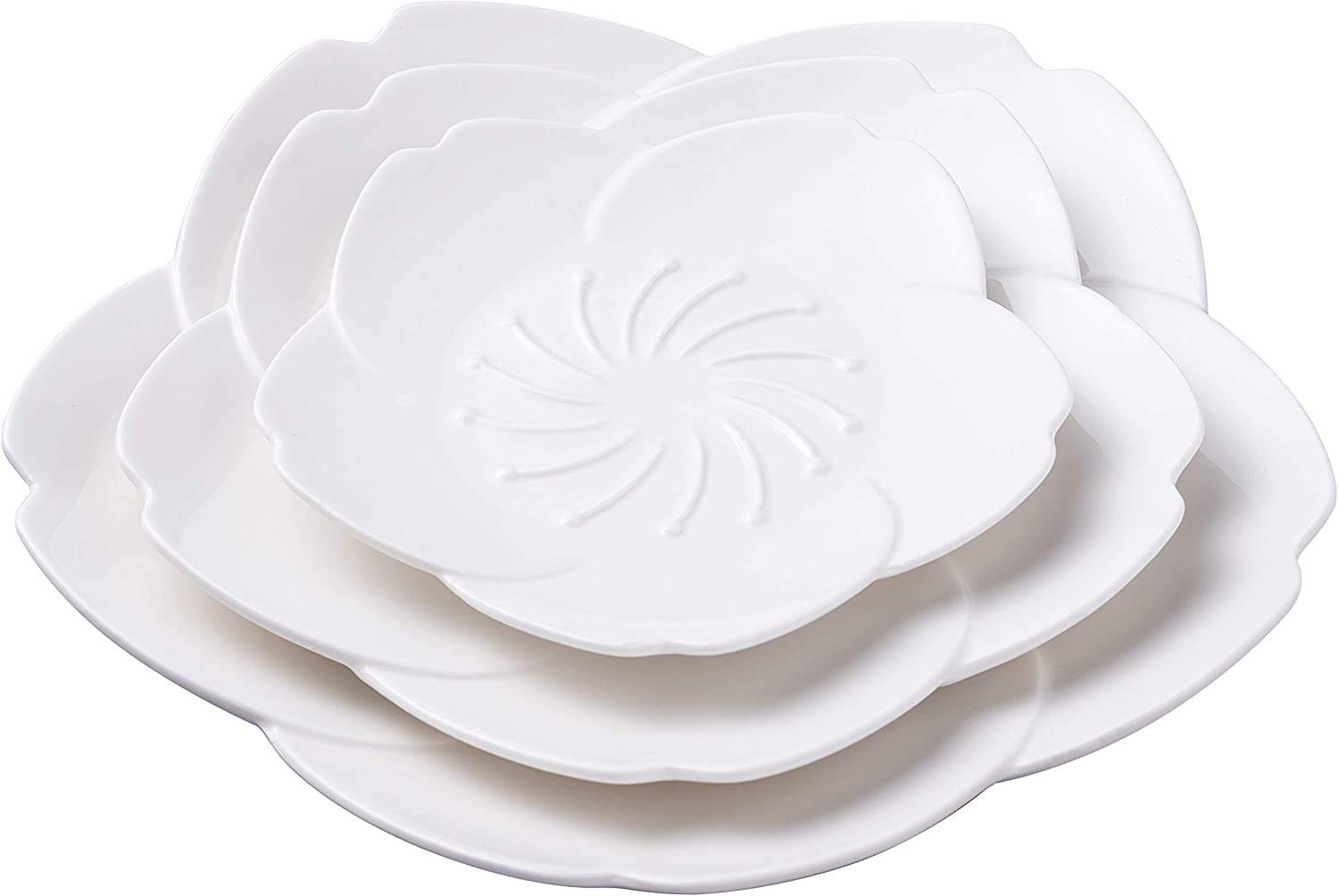 KKGUD Cute Ceramic Serving Plates, Cherry Blossom Shaped Plates/ 3-Piece Dinnerware Plate Set (White)