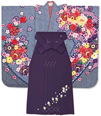 舗 無地袴or刺繍袴 袴セット 卒園式 入学式 女の子 四つ身の着物 袴のセット Ptk324 合繊 青系鹿の子 熨斗と花