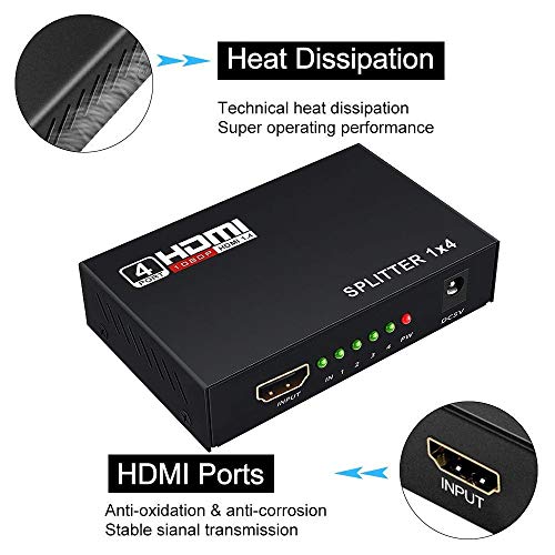 HDMI Splitter 1 in 2 3 4 Out WEILIANTE 4K Aluminum Ver1.4 HDCP 1X4 Ports Video Converter, Supports 3D 4K Full HD1080P for Xbox PS4 PS3 Fire Stick Roku Blu-Ray Player Apple TV HDTV