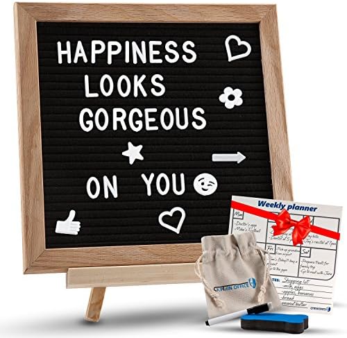 Changeable Black Felt Letter Board with Stand, Letters, Canvas Storage Bag, Wall Mount & Bonus Dry Erase Board. Premium 10x10" Oak Wood Frame Message Sign Board with Emojis. Perfect for Home & Office