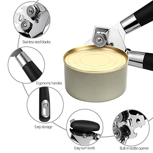 Updated Version Manual Can Opener, Premium Quality Professional Built in Bottle Opener, Heavy Duty Stainless Steel Blades FDA Approved, Easy Turn Knob & Ergonomic Anti-slip Handles