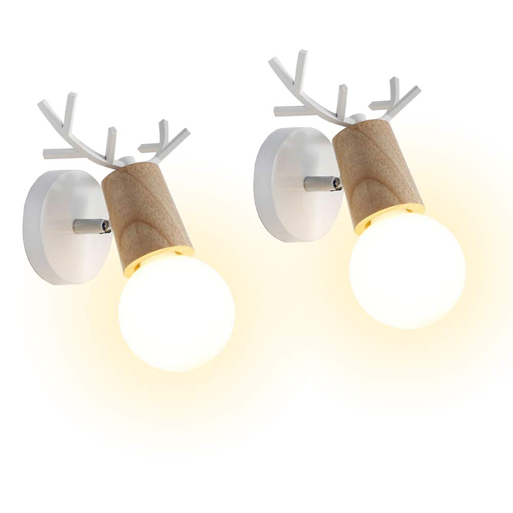 iDEGU Set of 2 Modern Wall Lights Creative Deer Antler Design Indoor Wall Lamps Wood and Metal Wall Sconce Art Deco for Bedroom Living Room Hallway Bathroom (White)