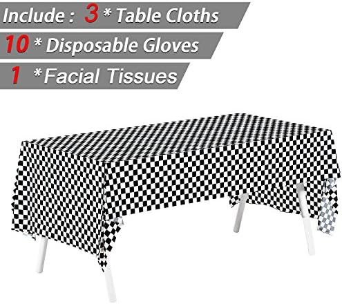 Pack of 3, 54" x 108" Black &amp; White Checkered Flag Tablecloths Disposable Tablecovers Party Favor, Picnic Table Covers - Include 10 Pairs Plastic Disposable Gloves + 1 pack Facial Tissues