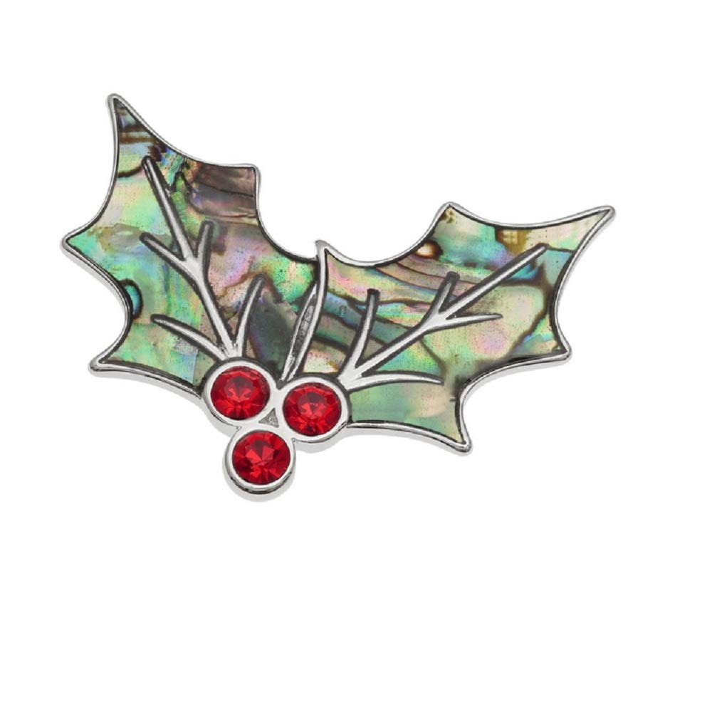 Brooch Lapel Pin Inlaid With Sustainable Ethically Sourced Abalone Shell Silver Plated Jewellery For Women Girls Gift Boxed (Holly Leaf Brooch)