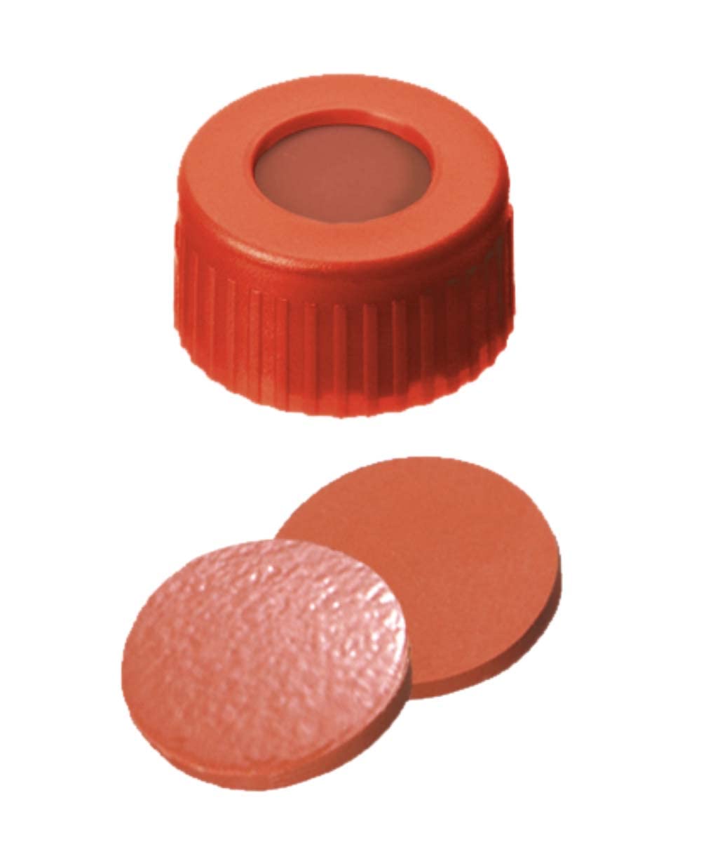 Neolab 7/0691 Short Rubber Thread Screw Cap With Hole, Polypropylene Red/Orange/TEF Clear Red (Pack of 100)