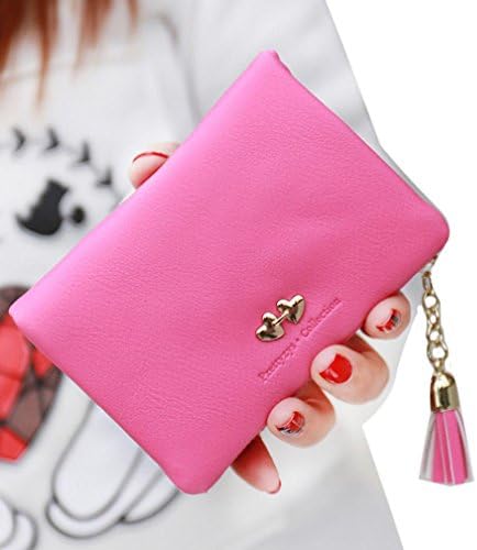 Ammazona Women Short Leather Clutch Wallet withTassel (Hot pink)