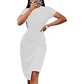 BubFee Work Pencil Dress for Women Wedding Guest Bodycon Midi Dresses Sheath Church Wrap Knot Short Sleeve Business Casual Elegant Retro Dress 2025(White,Small)