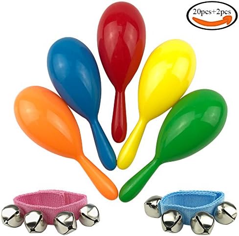 SHAN RUI 20pcs 4.3" Colorful Plastic Maracas and 2pcs Wrist Bells Noisemaker for Party, Mexican Fiesta