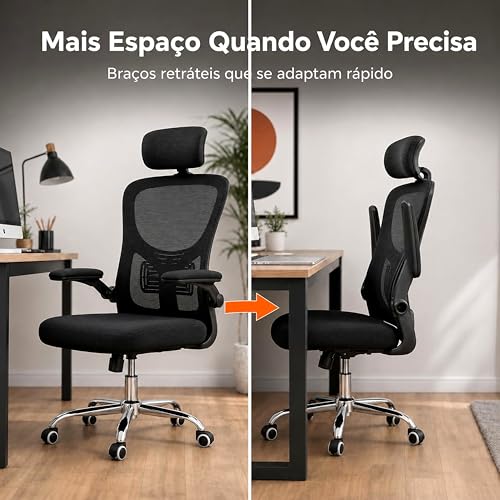 Laruno Cadeira de Escritório Ergonômica Premium NR17 Preta Giratória Reclinável 145 Graus com Suporte Lombar Encosto Mesh Respirável Cadeira Gamer Regulagem de Altura e Braços Suporta até 120kg