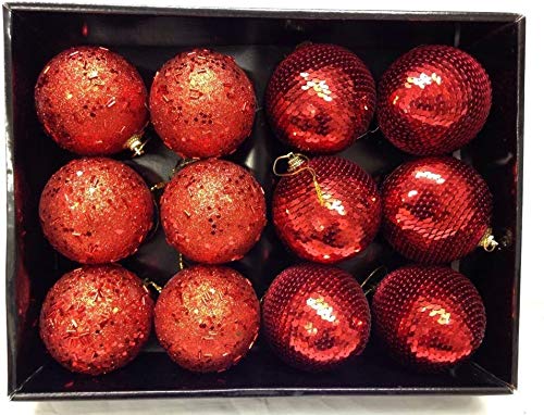 Toyland® Set of 12-80mm Glitter Baubles with Jewels/Beads - Christmas Tree Decorations (Red Glitter & Sequin Mix)