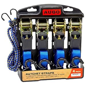 Image of Ratchet Tie Down Straps - 4 Pk - 15 Ft- 500 Lbs Load Cap- 1500 Lb Break Strength- Cambuckle Alternative- Cargo Straps for Moving Appliances, Lawn Equipment, Motorcycle - Includes 2 Bungee Cord