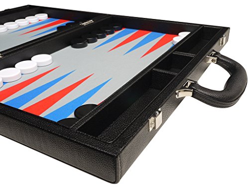 16-inch Premium Backgammon Set - Medium Size - Black Board, Scarlet Red and Patriot Blue Points