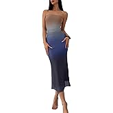 LIGHT DOT Women's Summer Dress Ombre Strapless Tube Gradient Bodycon Long Side Slit Mesh Layered (Brown Blue,L)