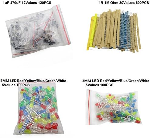 920PCS 1uF-470uF Electrolytic Capacitor and 10ohm-1Mohm Metal Film Resistors and 3MM 5MM LED Light Emitting Diodes Assortment Kits