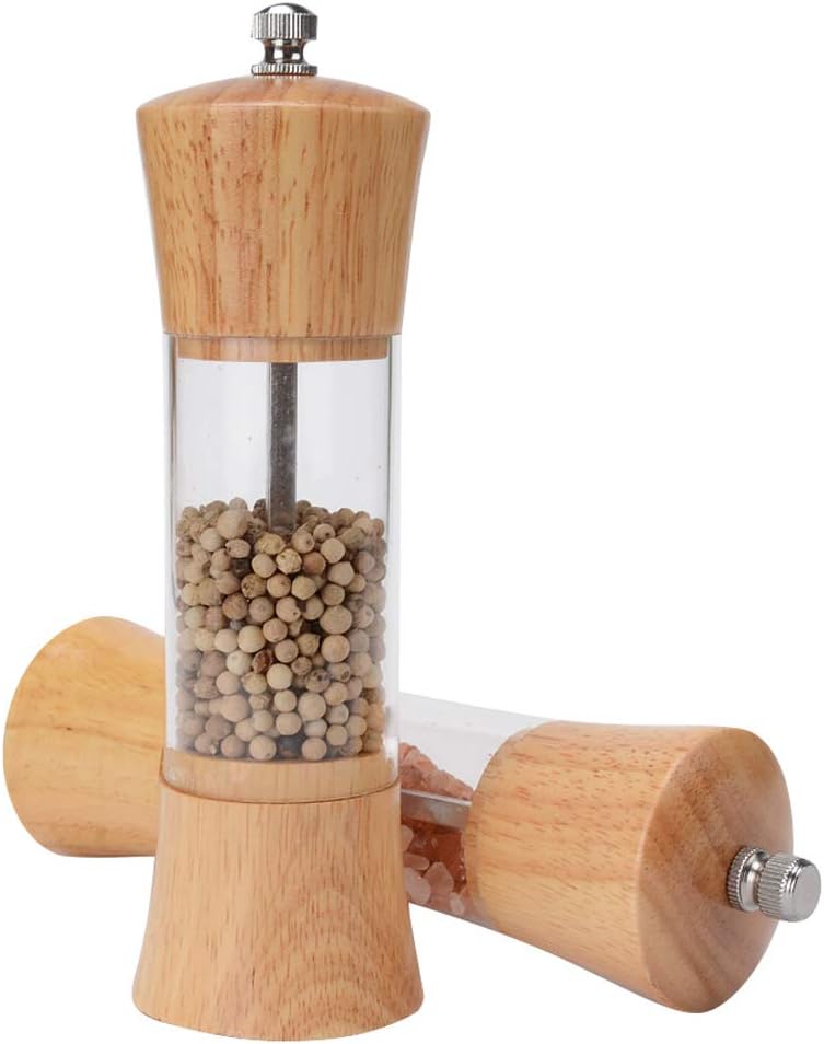 Haomacro Salt and Pepper Grinder Set, Wooden Salt and Pepper Mills With Clear Window, Salt Shakers with Ceramic Grinding Core- 6.5 Inches-Pack of 2