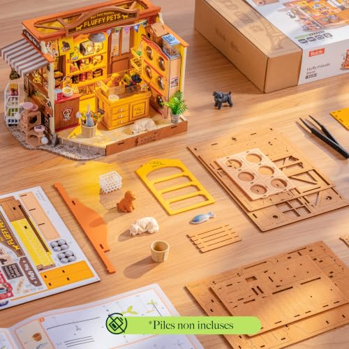 Rolife DIY Miniature Dollhouse Fluffy Friends Store 397 Pcs Wood Kit | 1:18 Scale LED Lighting Grooming Salon 7H Mounting Snap-Fit Intermediate Wooden Puzzle 3D Gift Adult Teen